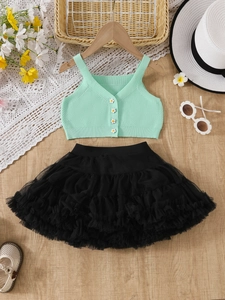 Sommer-Set für Mädchen mit Blumen-Stricktop und schwarzem Tüll-Tutu-Rock