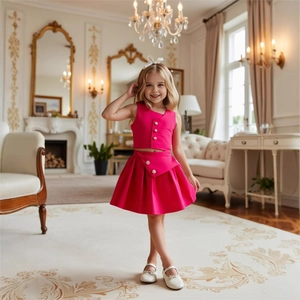 Details des Mädchen-Sets in Rosa mit Goldknöpfen und plissiertem Rock