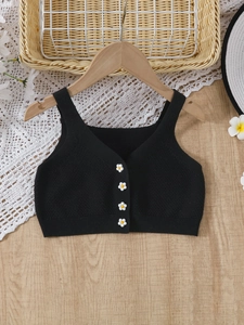 Gilet in maglia nera per bambina con bottoni a margherita e scollo a V su pizzo bianco