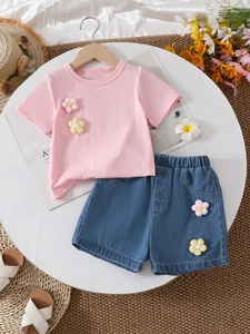 Girls summer pink floral cotton T-shirt and denim shorts two-piece set for kids