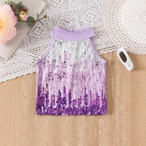 Detail of girls' sequin halter top featuring a dreamy purple gradient and glittery texture