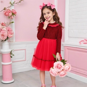 Dettaglio del vestito da bambina in pizzo rosso con paillettes e gonna di tulle