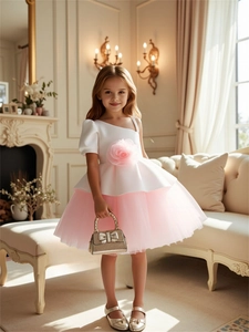 Robe de Princesse à Une Épaule pour Filles Robe de Fête en Tulle Tutu avec Fleurs 3D pour Mariage Anniversaire Cérémonie Élégante Blanc Rose
