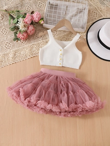 Set estivo bambina con gilet in maglia a fiori e gonna tutu rosa pastello