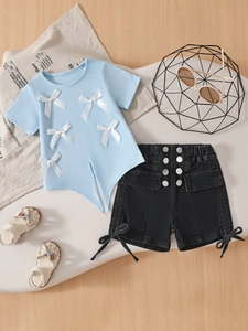 Girl's summer set with bow short sleeve T-shirt and denim shorts with sandals