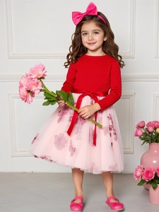 Mädchen Langarm Prinzessin Kleid Rot Strick Patchwork Rosa Tüll Schmetterling Bestickt Partykleid Für Kleinkinder Kinder Robe