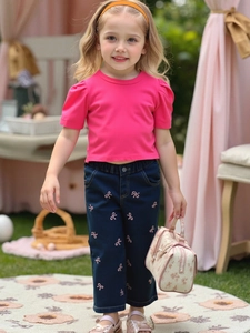 Girls Casual Clothing Outfit Rose Pink Puff Sleeve Top And Bow Embroidered Denim Pants Cotton Blend Outfit For Kids Girls