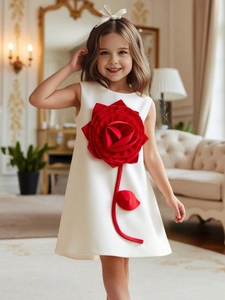 Elegant white sleeveless girls party dress with a giant 3D red rose floral appliqué
