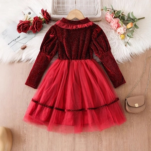 Dettagli del vestito da bambina in velluto rosso con maniche a sbuffo e gonna in tulle