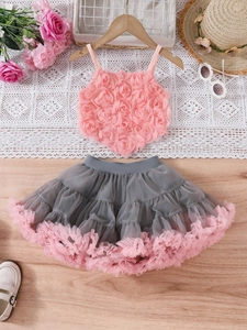 Girl's pink 3D flower camisole and layered grey tutu skirt set for special occasions