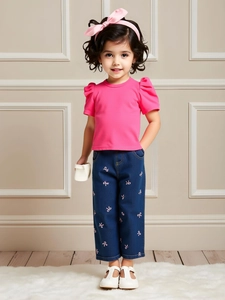 Girls summer set with pink puff sleeve butterfly t-shirt and dark blue bow print jeans