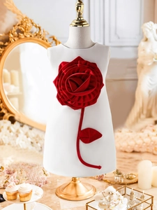 Robe de fête blanche sans manches avec grande rose 3D rouge sur un fond classique