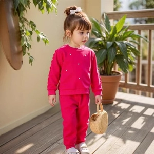 Detail of pink girls' sweatshirt with white pearl beading and ruffled sleeve accents