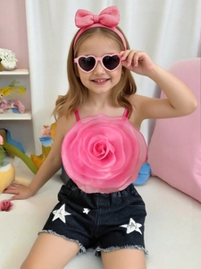 Ensemble d'Été pour Filles Mode Top à Bretelles Fleurs 3D et Short en Jean Étoiles à Paillettes Ensemble 2 Pièces Vêtements Décontractés
