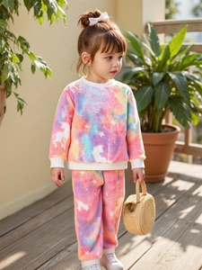 Set Pigiama da Bambina Tie-Dye Luminoso Unicorno In Pile Ispessito Flanella Manica Lunga Con Cappuccio Pigiami Casa Abbigliamento Bimbi