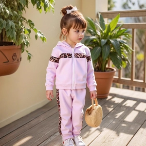 Detail of pink hooded tracksuit with leopard print stripes and full zip closure