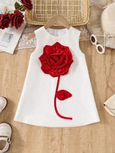 Robe blanche élégante sans manches pour fille avec grande rose rouge 3D en satin pour fête
