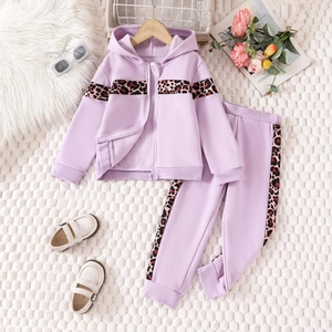 Flat lay of purple hooded sweatshirt and jogger set with leopard print side stripes