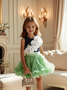 Girls 3D Flower Sleeveless Top And Tiered Mesh Tutu Skirt Clothing For Kids Princess Party Wedding Summer Apparel