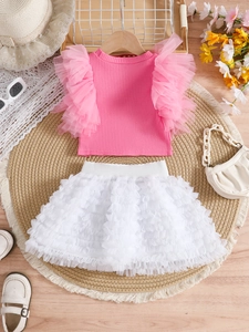 Pink flutter sleeve ribbed tank top and white tulle tutu skirt set for toddler girls