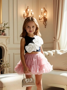 Girls' summer set with navy floral 3D rose crop top and pink layered tutu tulle skirt
