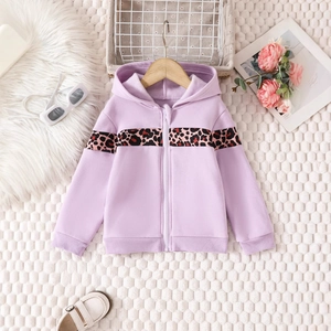 Detail of purple zip-up hoodie with leopard print panel and ribbed cuffs for children