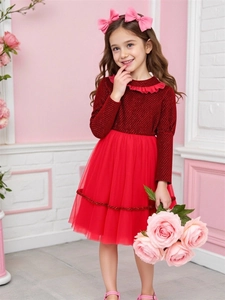 Abito da Principessa in Pizzo per Bambine Manica Lunga Rosso Sbuffo Tulle Abito da Ballo Formale Festa Danza Gonna per Bambini