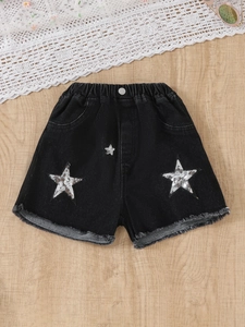 Short en jean noir pour fille avec étoiles à paillettes argentées et bords effilochés tendance