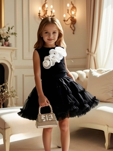 Elegant girls black and white sleeveless dress set with 3D flower and layered tutu skirt