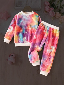 Pigiama caldo per bambini in pile tie-dye con stelle luminose e polsini a coste