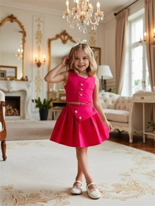 Mädchen Heißes Rosa Zweiteiliges Bekleidungsset Ärmelloses Weste-Top Und Plisseerock Eleganter Sommer-Outfit Mit Löwenrelief-Knöpfen