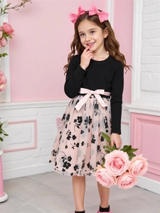 Girls Cold Shoulder Mesh Embroidery Dress Kids Long Sleeve Floral Princess Gown With Bow Belt For Autumn Spring Party