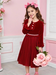 Elegante Meisjesjurk met Lange Mouwen Geplooide Prinsessenjurk Donkerrood Polyester Herfst Winter Feestjurk voor Kinderen