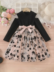 Cold-shoulder girls' dress with black knit top and pink floral mesh skirt