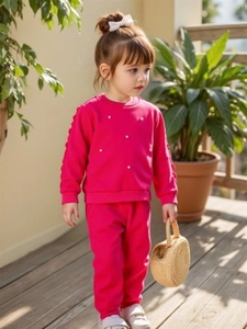 Girls Fleece Lined Rose Red Sweatshirt And Pants Set With Artificial Pearl Embellishments Ruffle Sleeves Casual Sporty Tracksuit