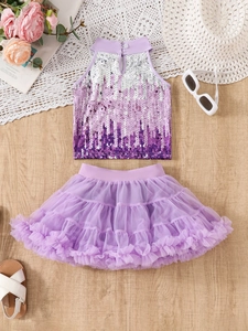 Girls purple sequin halter top and layered mesh tutu skirt summer outfit set