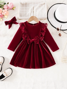 Mädchen Langarm Kleid aus dunkelrotem Samt mit Spitze und passendem Schleifen-Stirnband
