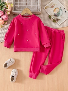 Girls' vibrant rose red beaded sweatshirt and long pants two-piece knit clothing set