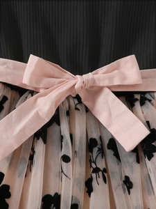 Girls shoulder-off dress with mesh floral embroidery and waist bow detail