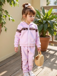 Girls Fashion Hooded Zip Up Jacket And Pants Two Piece Set Polyester Leopard Print Patchwork Autumn Winter Kids Outfit