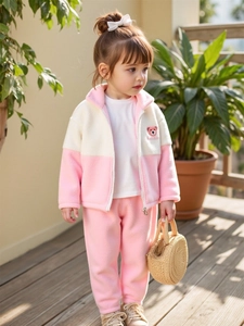 Kleinkind Mädchen Winter Warm Fleece Outfit Bär Stickerei Patchwork Reißverschluss Jacke Und Hose Kinder Weiche Fleece Trainingsanzug