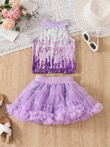 Girls sequin halter top and purple tutu skirt two-piece outfit for summer parties