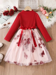 Mädchen Langarmkleid mit rotem Strickoberteil, rosa Tüllrock und Schmetterlingsstickerei
