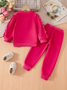 Girls' casual tracksuit with beaded ruffles sweatshirt and matching jogger pants set