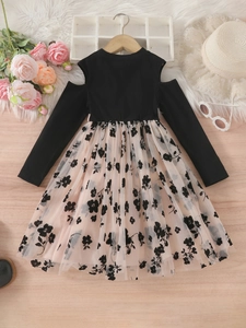 Girls long sleeve off-shoulder dress with ribbed bodice and floral tulle skirt
