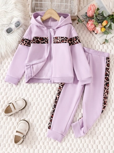 Kids' purple leopard print tracksuit with hooded zip jacket and fleece pants set