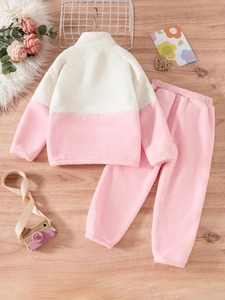 Rosa-weißes zweiteiliges Fleece-Set für Mädchen mit Reißverschluss-Oberteil und Jogginghose