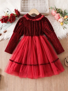 Abito principessa rosso a maniche lunghe per bambine con gonna in tulle a strati e pizzo