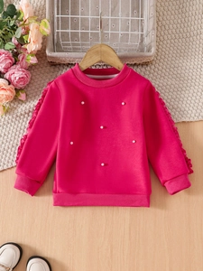 Girls' vibrant rose red crewneck sweatshirt with pearl beads and ruffle sleeve details