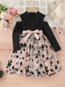 Cold shoulder long sleeve girl's dress with floral tulle skirt and pink ribbon bow